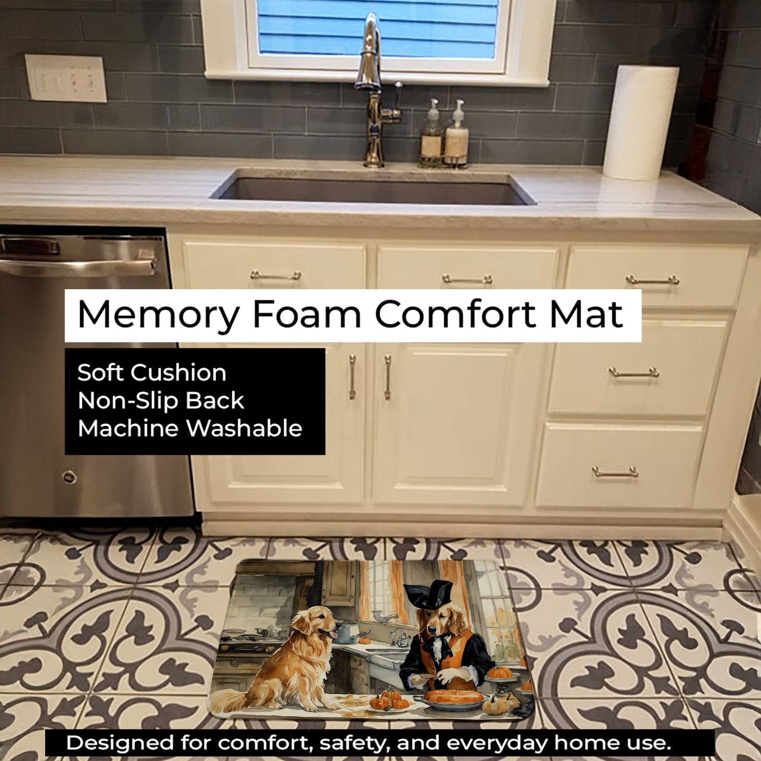Golden Retriever Fall Kitchen Pumpkins Memory Foam Kitchen Mat Machine Washable Anti-Fatigue Cushion Comfort Bath or Kitchen Rug