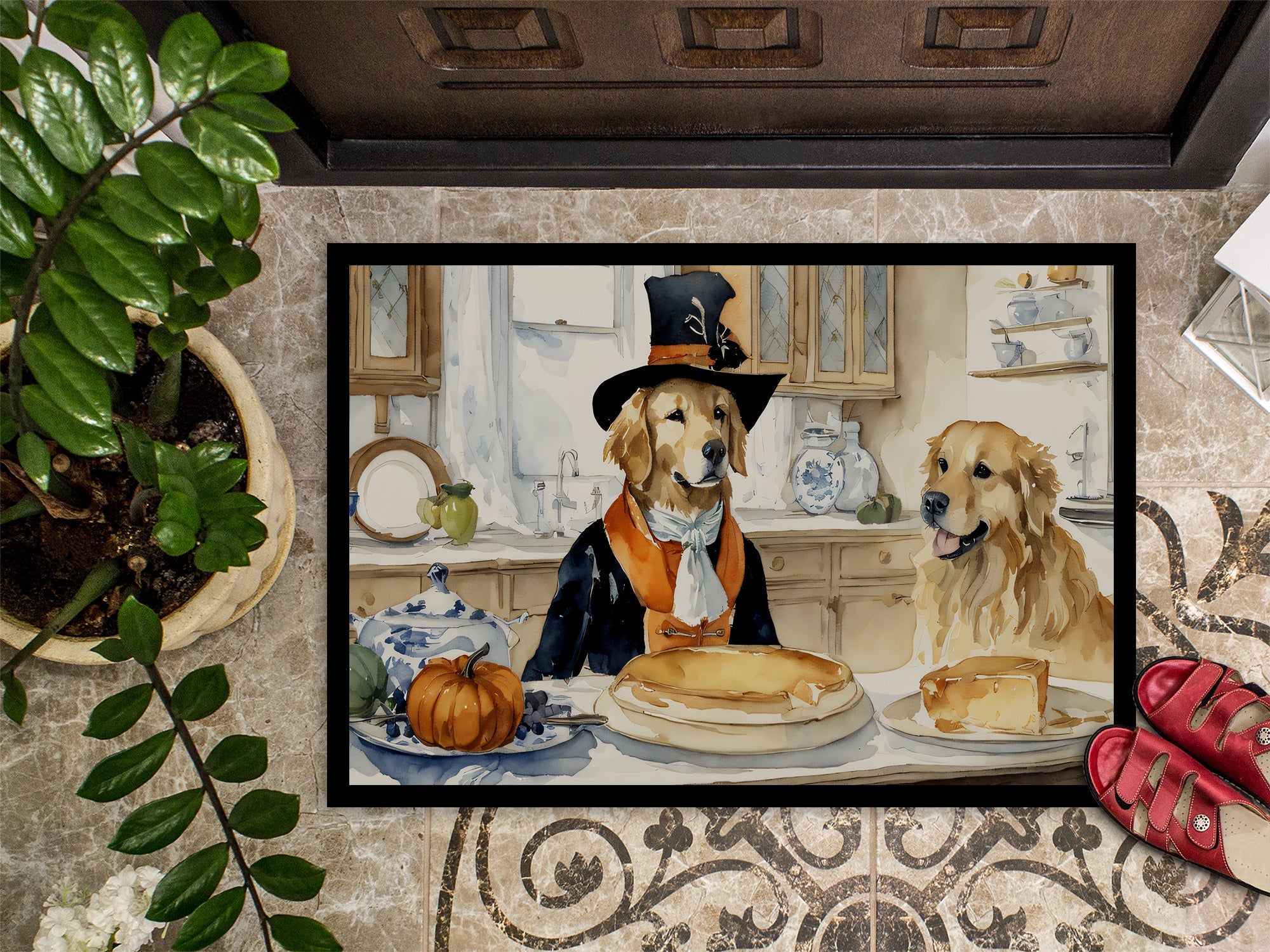 Golden Retriever Fall Kitchen Pumpkins Doormat Indoor Outdoor 24H X 36W Front Door Mat Rugs for Entryway, Non Slip Washable Low Pile,