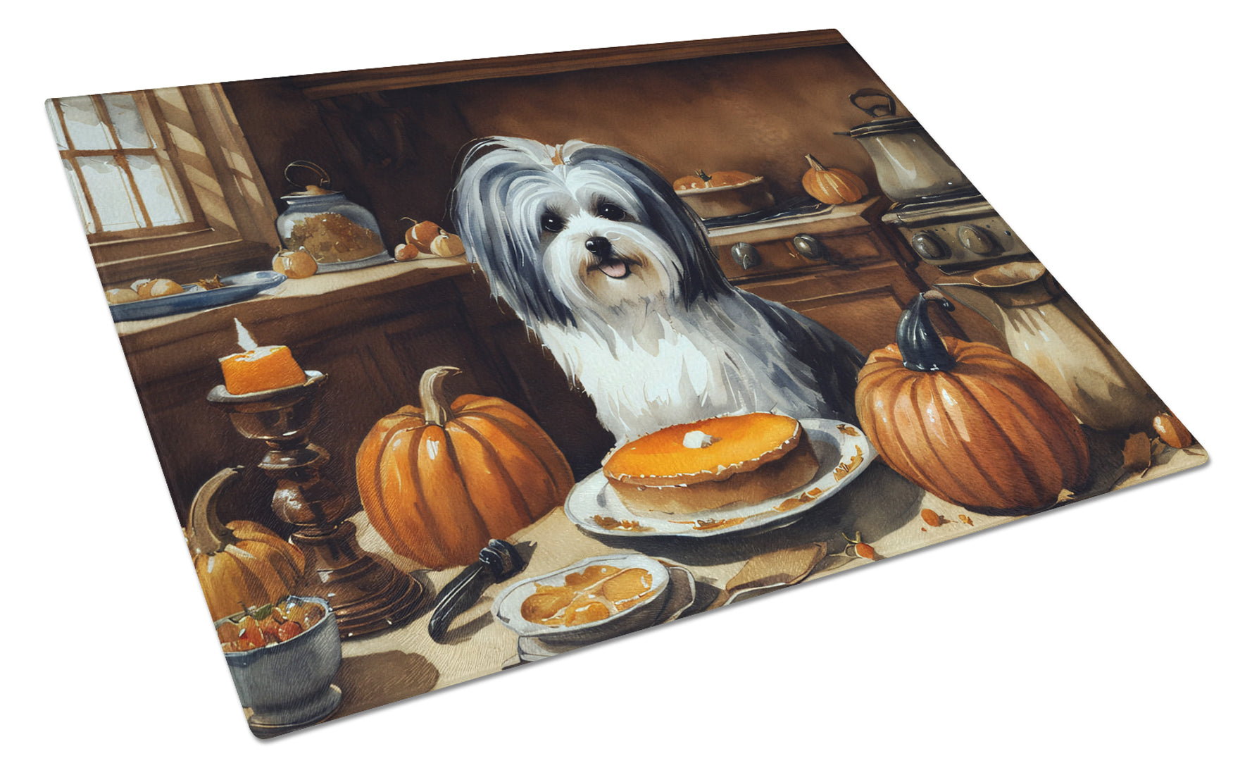 Havanese Fall Kitchen Pumpkins Cutting Board Tempered Glass Kitchen Cutting Surface, Heat Resistant Chopping, Non-Slip Feet, Food Prep & Serving