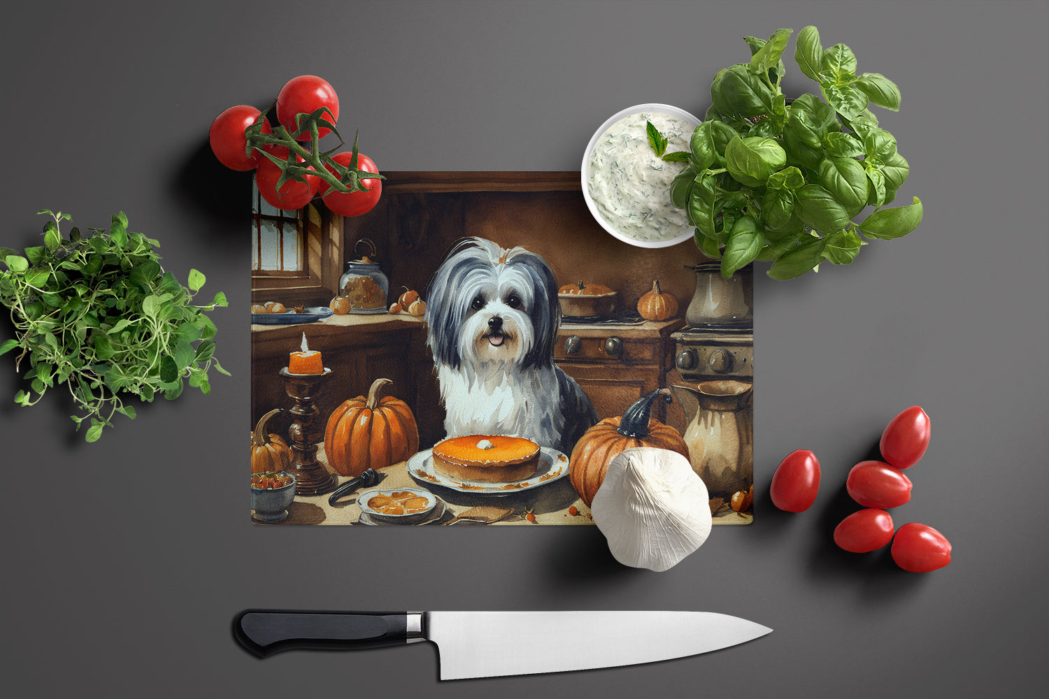 Havanese Fall Kitchen Pumpkins Cutting Board Tempered Glass Kitchen Cutting Surface, Heat Resistant Chopping, Non-Slip Feet, Food Prep & Serving