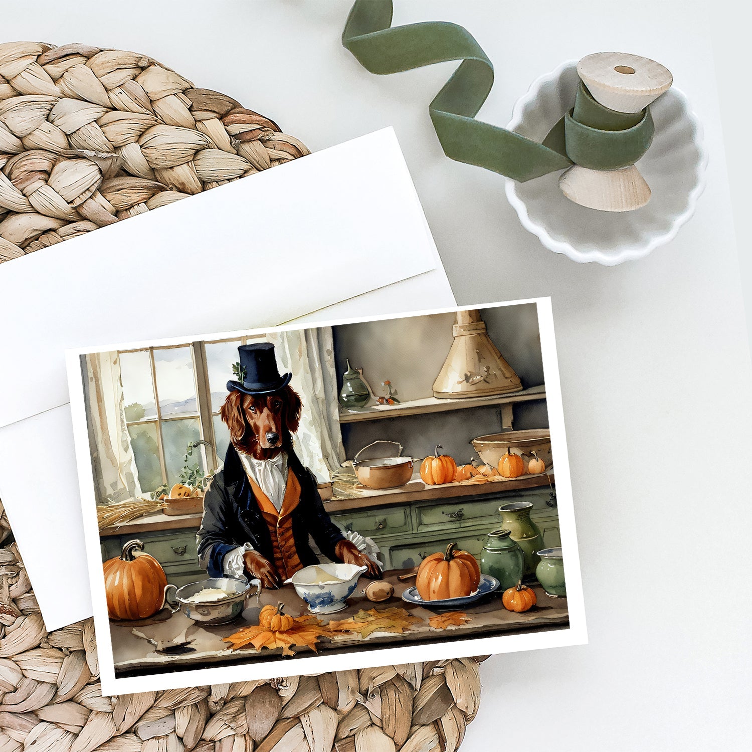 Irish Setter Fall Kitchen Pumpkins Greeting Cards Pack of 8 Blank Cards with Envelopes Whimsical A7 Size 5x7