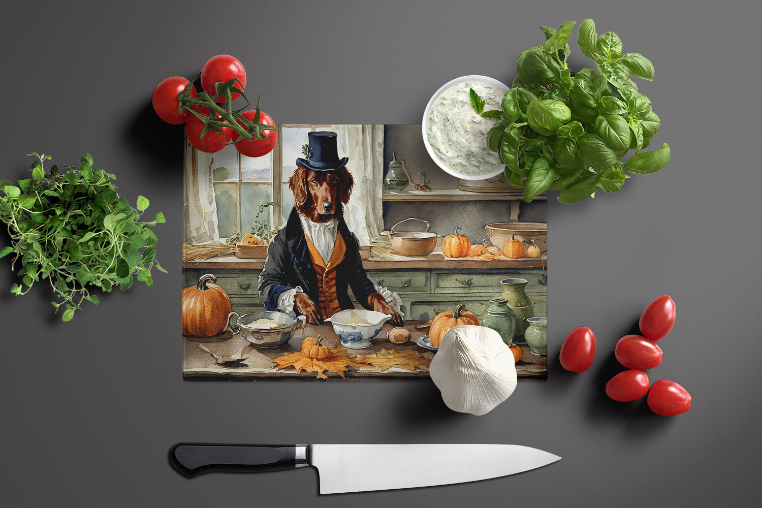 Irish Setter Fall Kitchen Pumpkins Cutting Board Tempered Glass Kitchen Cutting Surface, Heat Resistant Chopping, Non-Slip Feet, Food Prep & Serving