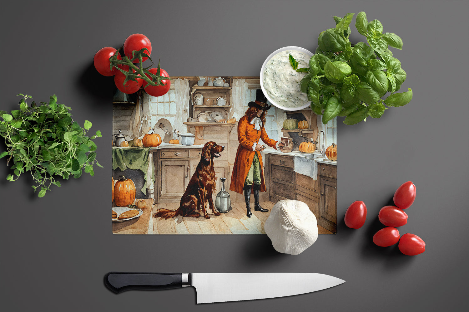 Irish Setter Fall Kitchen Pumpkins Cutting Board Tempered Glass Kitchen Cutting Surface, Heat Resistant Chopping, Non-Slip Feet, Food Prep & Serving