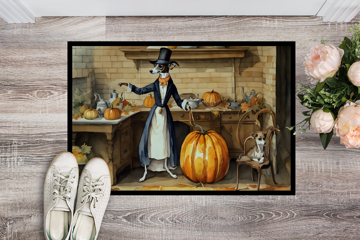 Italian Greyhound Fall Kitchen Pumpkins Doormat Indoor Outdoor 24H X 36W Front Door Mat Rugs for Entryway, Non Slip Washable Low Pile,