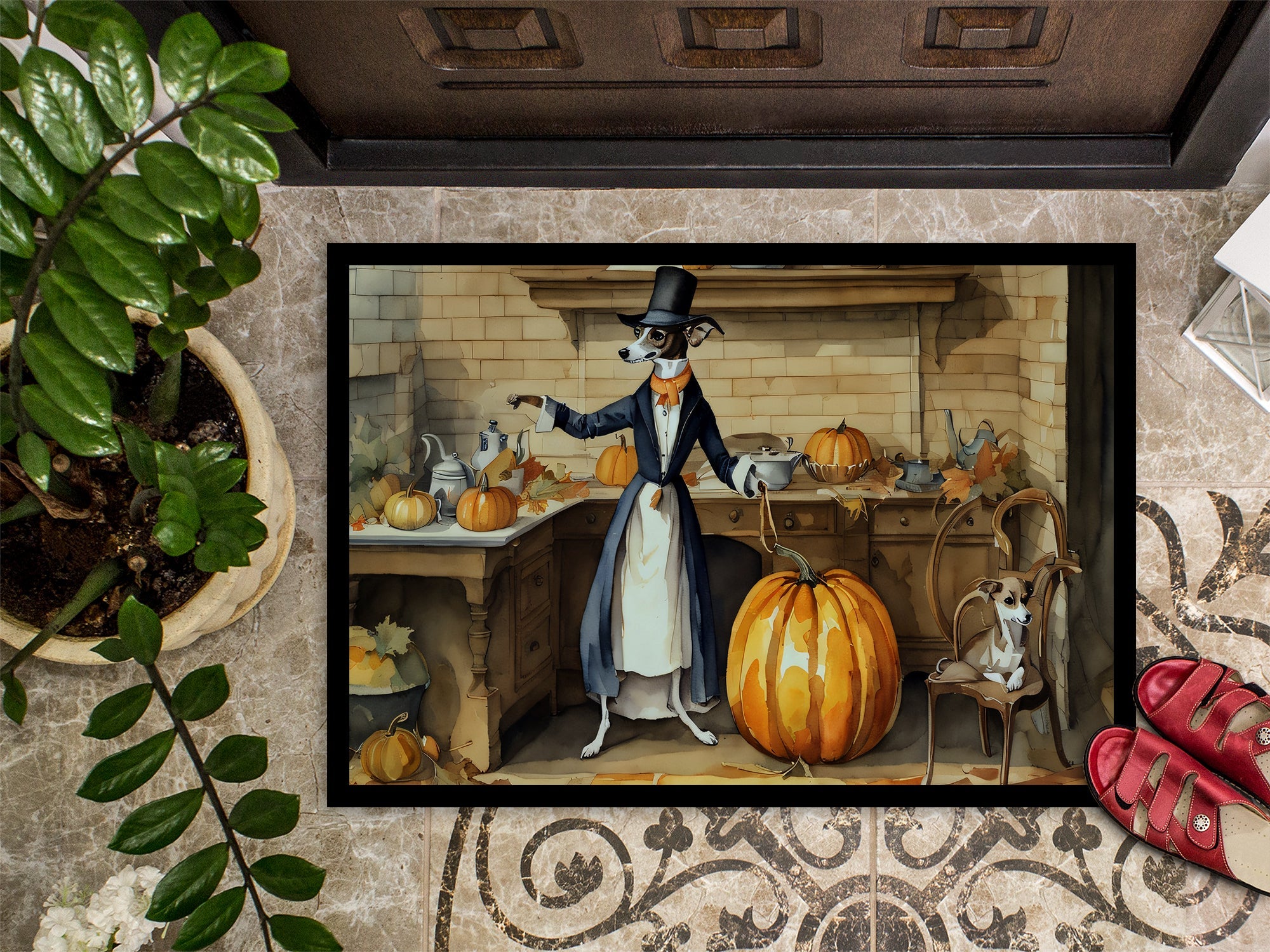 Italian Greyhound Fall Kitchen Pumpkins Doormat Indoor Outdoor 24H X 36W Front Door Mat Rugs for Entryway, Non Slip Washable Low Pile,