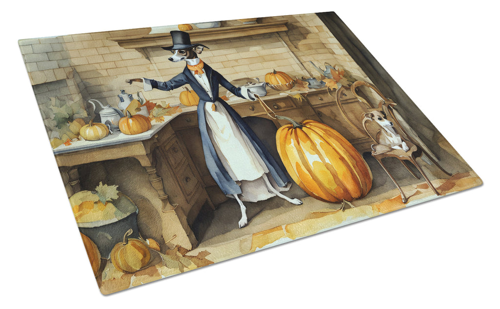 Italian Greyhound Fall Kitchen Pumpkins Cutting Board Tempered Glass Kitchen Cutting Surface, Heat Resistant Chopping, Non-Slip Feet, Food Prep & Serving