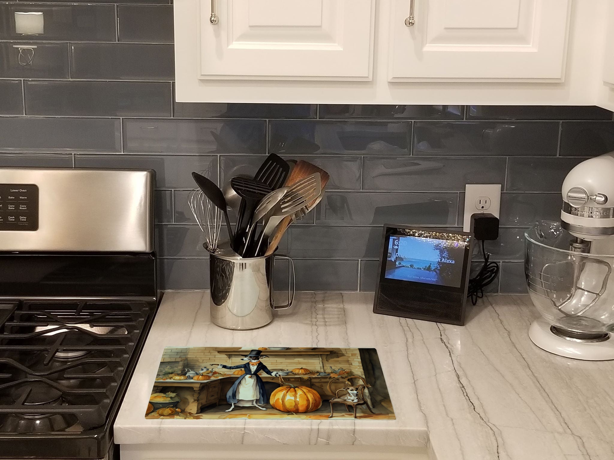 Italian Greyhound Fall Kitchen Pumpkins Cutting Board Tempered Glass Kitchen Cutting Surface, Heat Resistant Chopping, Non-Slip Feet, Food Prep & Serving