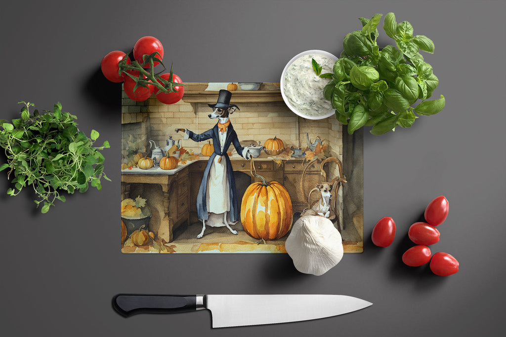 Italian Greyhound Fall Kitchen Pumpkins Cutting Board Tempered Glass Kitchen Cutting Surface, Heat Resistant Chopping, Non-Slip Feet, Food Prep & Serving