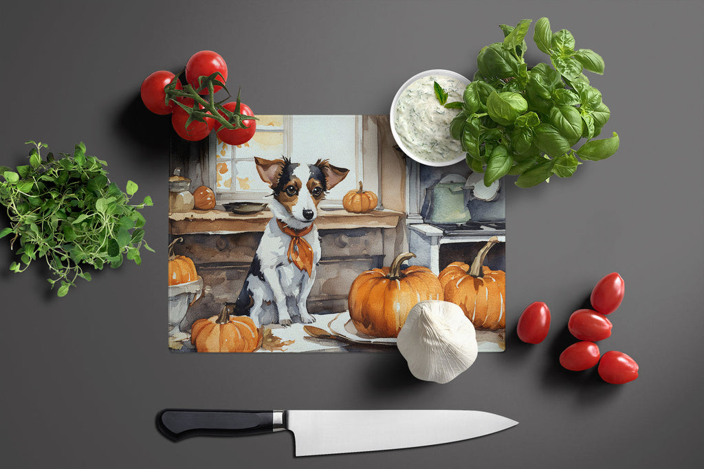 Jack Russell Terrier Fall Kitchen Pumpkins Cutting Board Tempered Glass Kitchen Cutting Surface, Heat Resistant Chopping, Non-Slip Feet, Food Prep & Serving