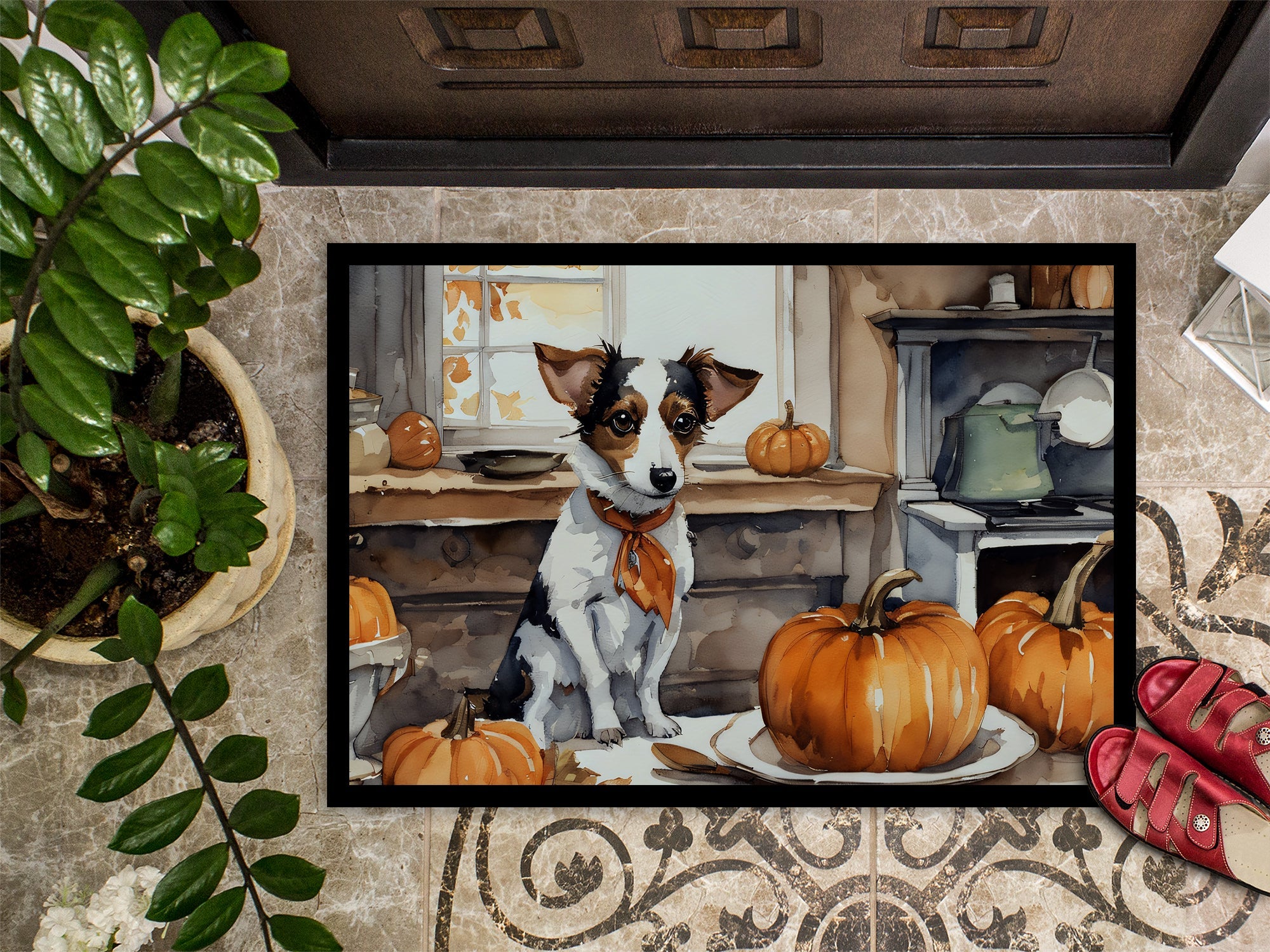 Jack Russell Terrier Fall Kitchen Pumpkins Doormat Indoor Outdoor 18H X 27W Front Door Mat Rugs for Entryway, Non Slip Washable