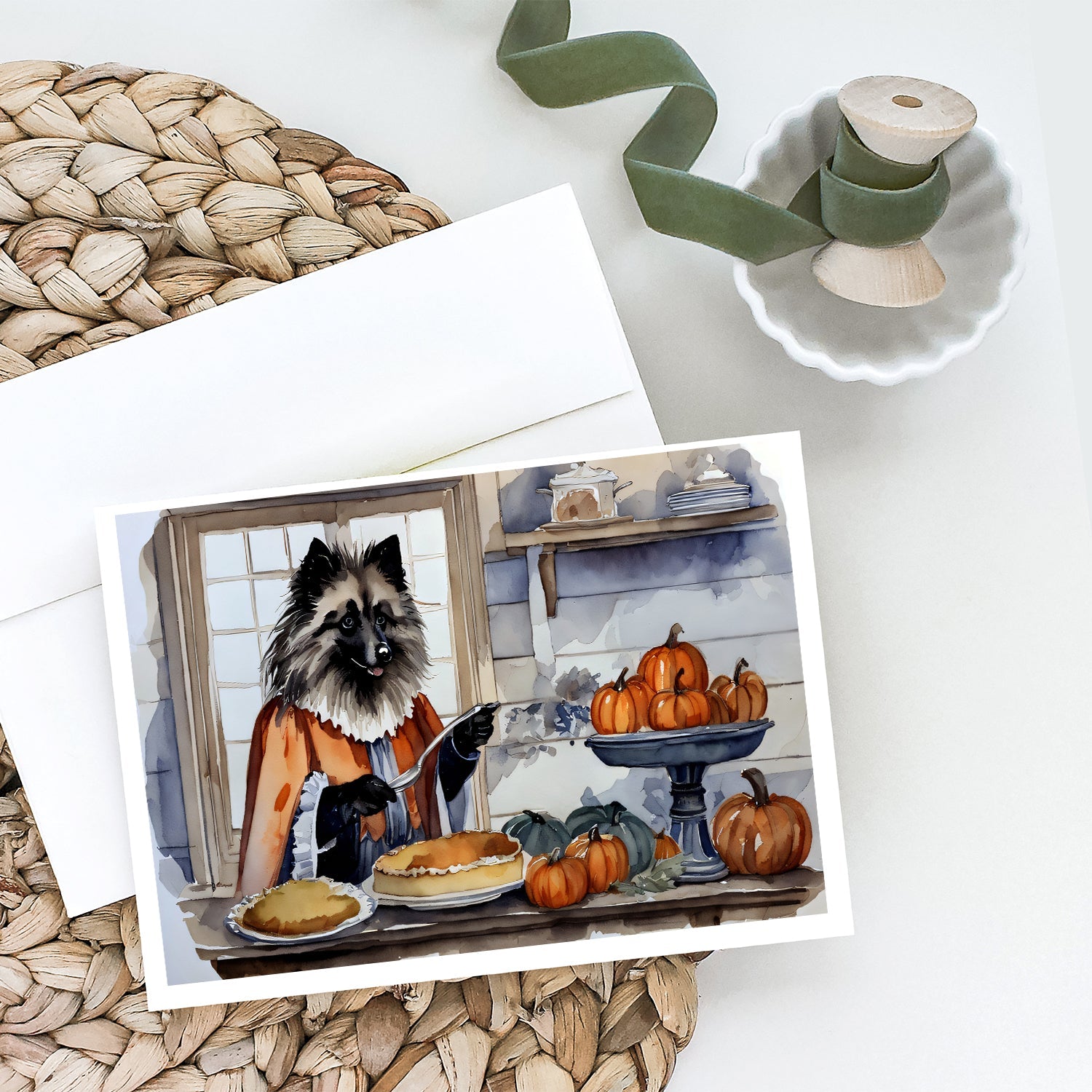 Keeshond Fall Kitchen Pumpkins Greeting Cards Pack of 8 Blank Cards with Envelopes Whimsical A7 Size 5x7