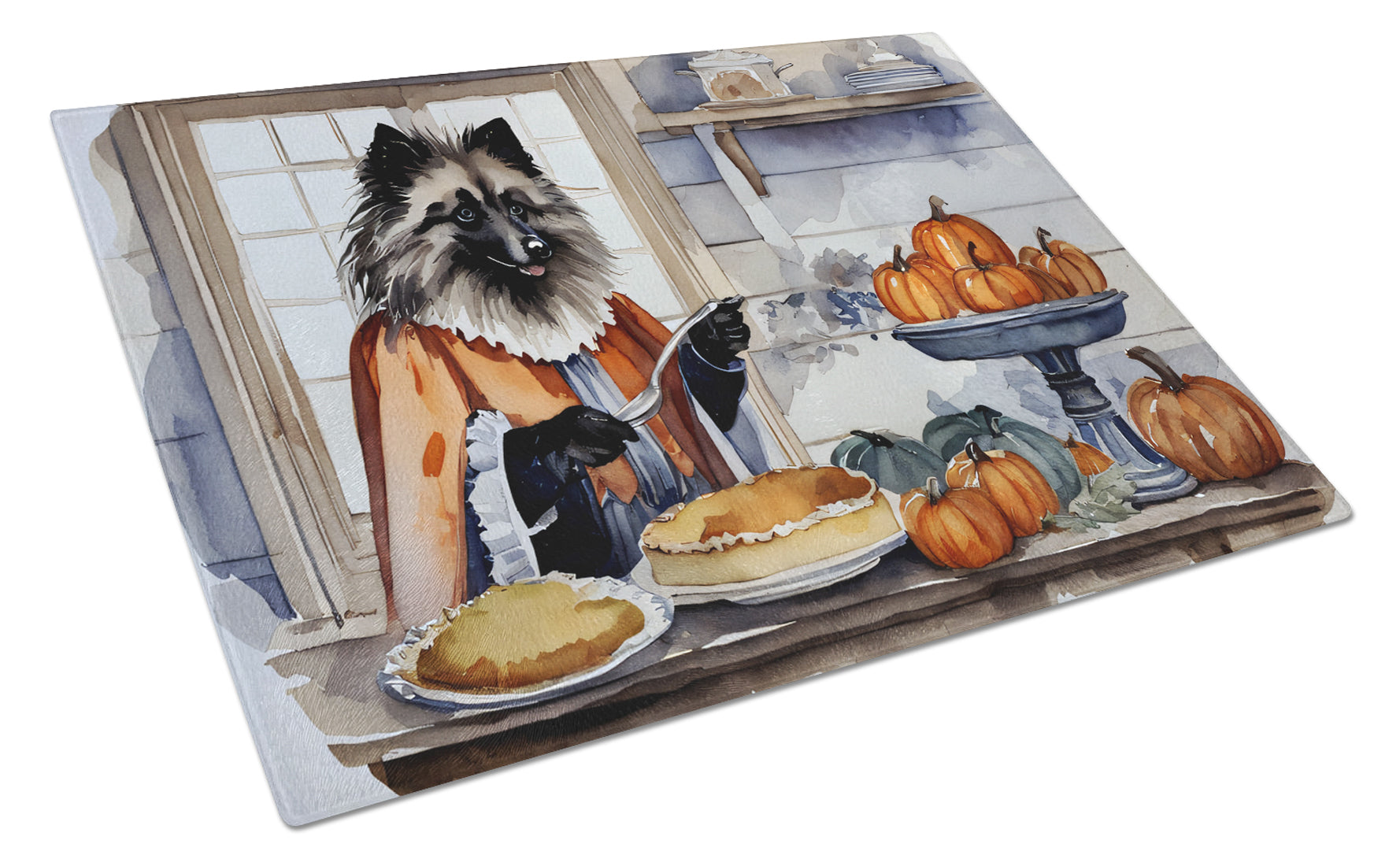 Keeshond Fall Kitchen Pumpkins Cutting Board Tempered Glass Kitchen Cutting Surface, Heat Resistant Chopping, Non-Slip Feet, Food Prep & Serving