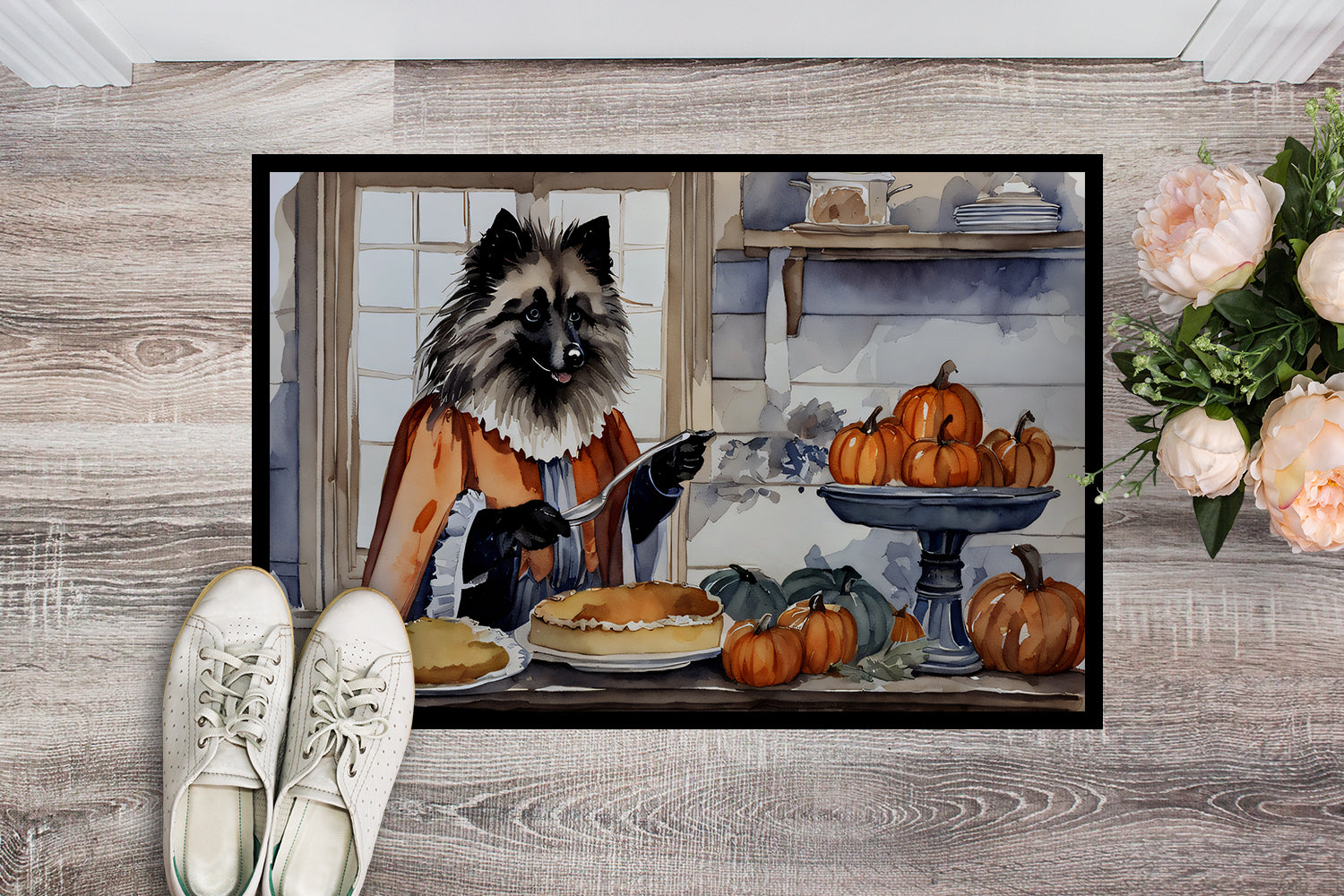Keeshond Fall Kitchen Pumpkins Doormat Indoor Outdoor 18H X 27W Front Door Mat Rugs for Entryway, Non Slip Washable