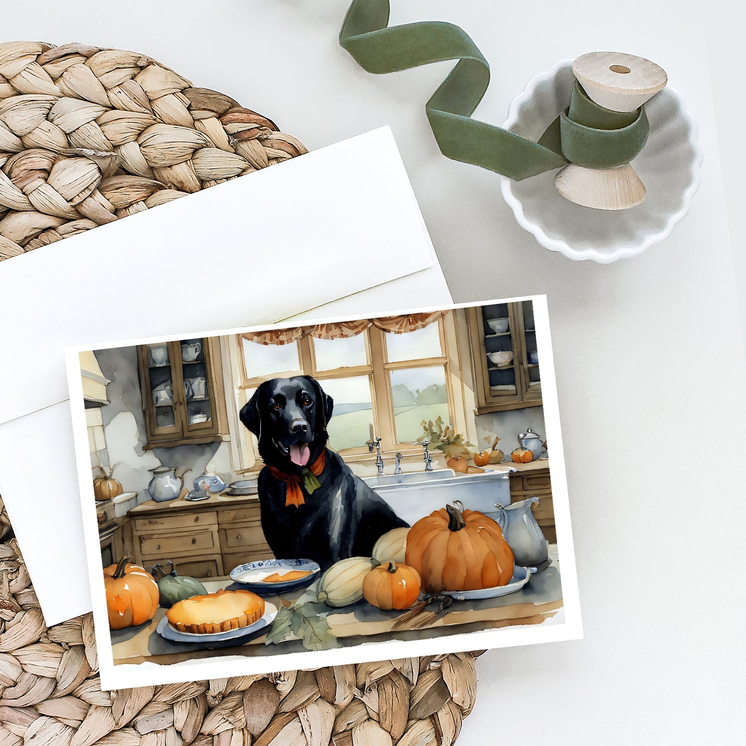 Black Lab Fall Kitchen Pumpkins Greeting Cards Pack of 8 Blank Cards with Envelopes Whimsical A7 Size 5x7