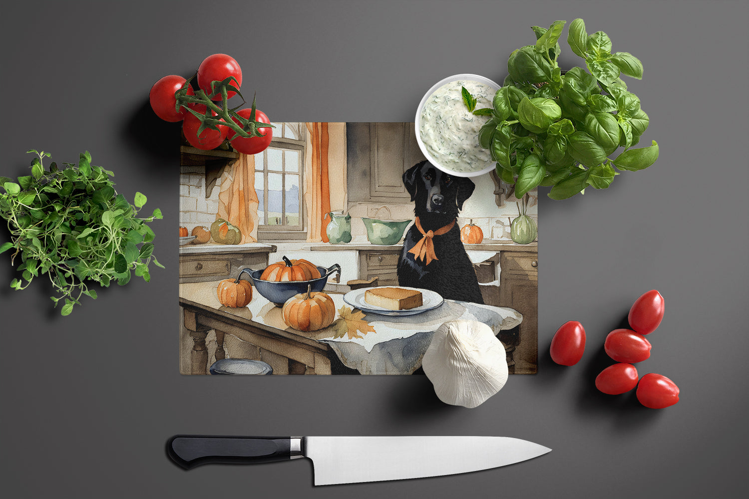 Black Lab Fall Kitchen Pumpkins Cutting Board Tempered Glass Kitchen Cutting Surface, Heat Resistant Chopping, Non-Slip Feet, Food Prep & Serving