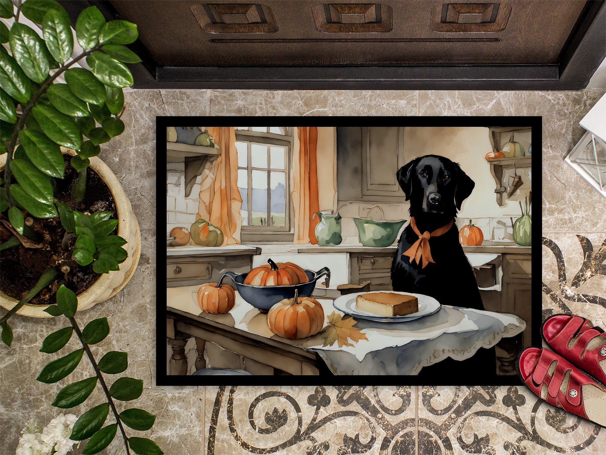 Black Lab Fall Kitchen Pumpkins Doormat Indoor Outdoor 18H X 27W Front Door Mat Rugs for Entryway, Non Slip Washable