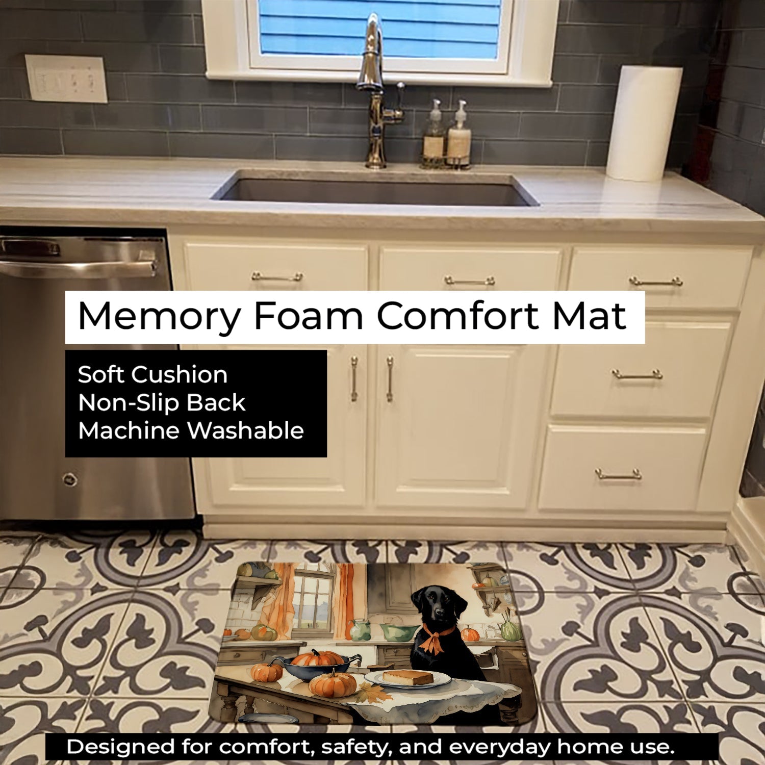 Black Lab Fall Kitchen Pumpkins Memory Foam Kitchen Mat Machine Washable Anti-Fatigue Cushion Comfort Bath or Kitchen Rug