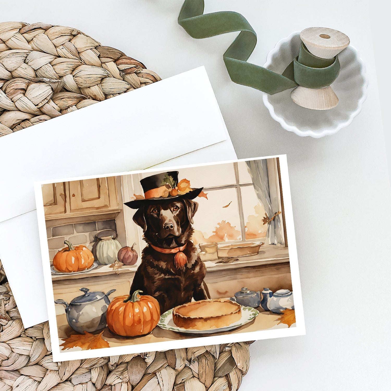Chocolate Lab Fall Kitchen Pumpkins Greeting Cards Pack of 8 Blank Cards with Envelopes Whimsical A7 Size 5x7