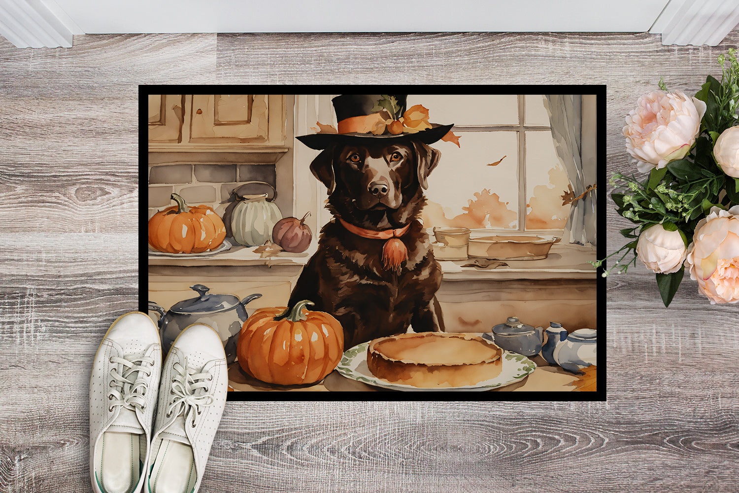 Chocolate Lab Fall Kitchen Pumpkins Doormat Indoor Outdoor 24H X 36W Front Door Mat Rugs for Entryway, Non Slip Washable Low Pile,