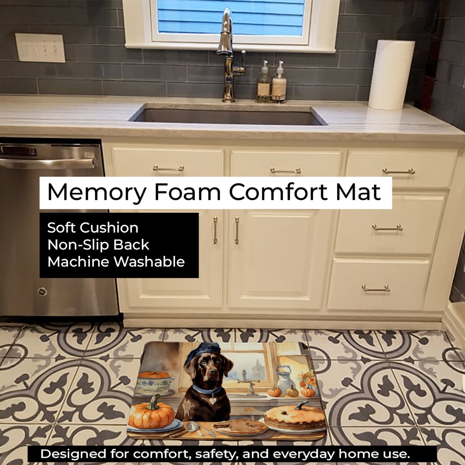 Chocolate Lab Fall Kitchen Pumpkins Memory Foam Kitchen Mat Machine Washable Anti-Fatigue Cushion Comfort Bath or Kitchen Rug