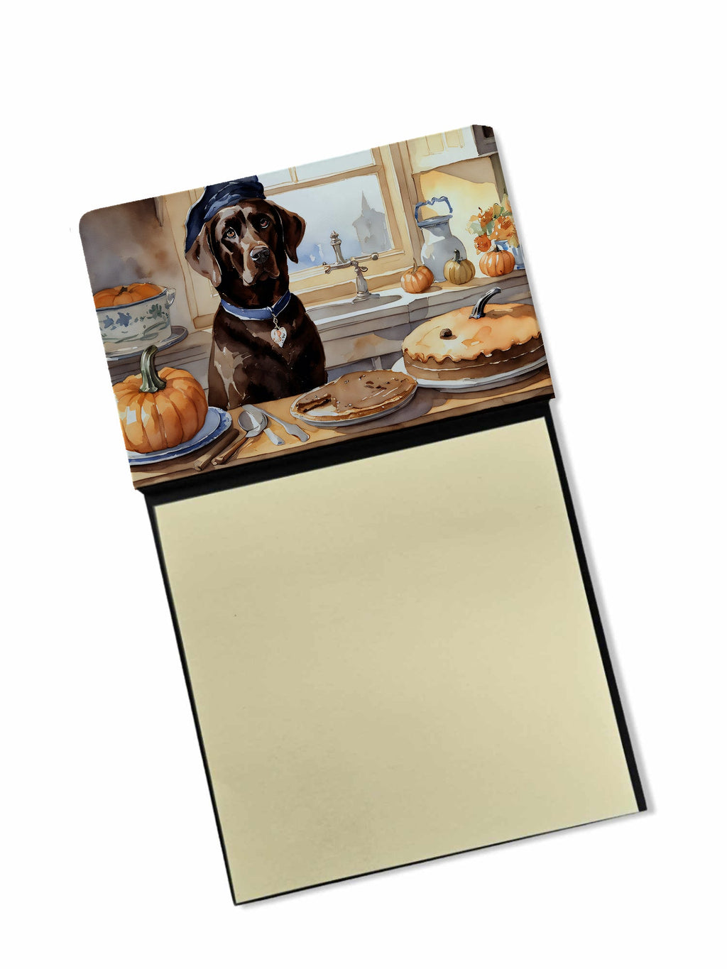 Chocolate Lab Fall Kitchen Pumpkins Watercolor Sticky Note Holder Refillable Dispenser Desk Accessory 3x3 Pad Gift