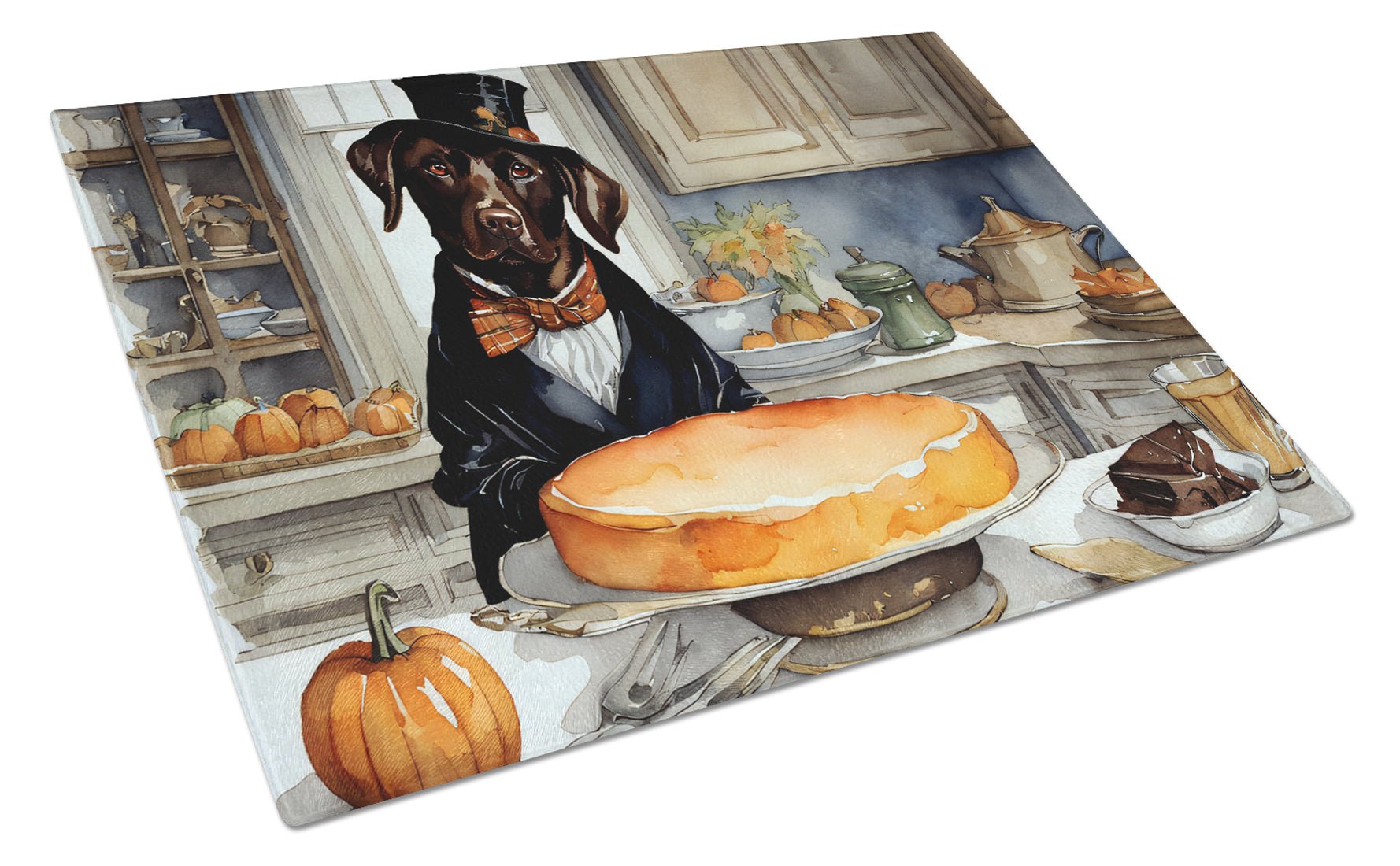 Chocolate Lab Fall Kitchen Pumpkins Cutting Board Tempered Glass Kitchen Cutting Surface, Heat Resistant Chopping, Non-Slip Feet, Food Prep & Serving
