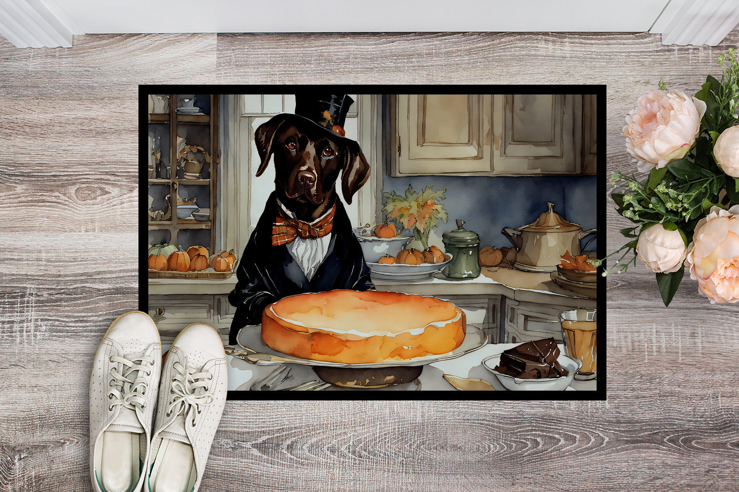Chocolate Lab Fall Kitchen Pumpkins Doormat Indoor Outdoor 18H X 27W Front Door Mat Rugs for Entryway, Non Slip Washable