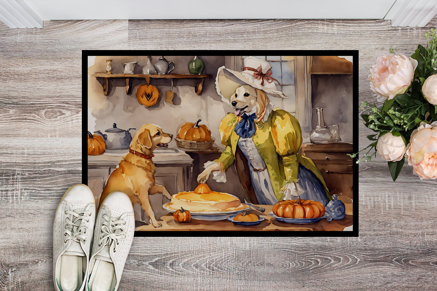 Yellow Lab Fall Kitchen Pumpkins Doormat Indoor Outdoor 18H X 27W Front Door Mat Rugs for Entryway, Non Slip Washable