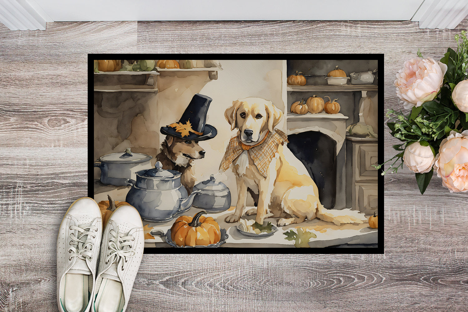 Yellow Lab Fall Kitchen Pumpkins Doormat Indoor Outdoor 24H X 36W Front Door Mat Rugs for Entryway, Non Slip Washable Low Pile,