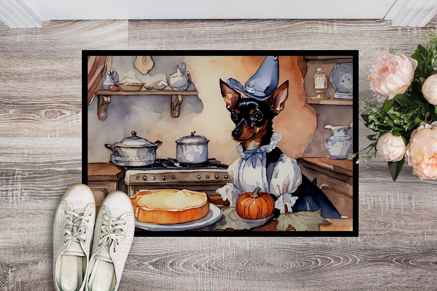 Miniature Pinscher Fall Kitchen Pumpkins Doormat Indoor Outdoor 24H X 36W Front Door Mat Rugs for Entryway, Non Slip Washable Low Pile,