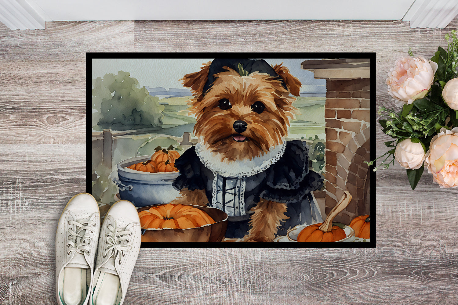 Norfolk Terrier Fall Kitchen Pumpkins Doormat Indoor Outdoor 18H X 27W Front Door Mat Rugs for Entryway, Non Slip Washable