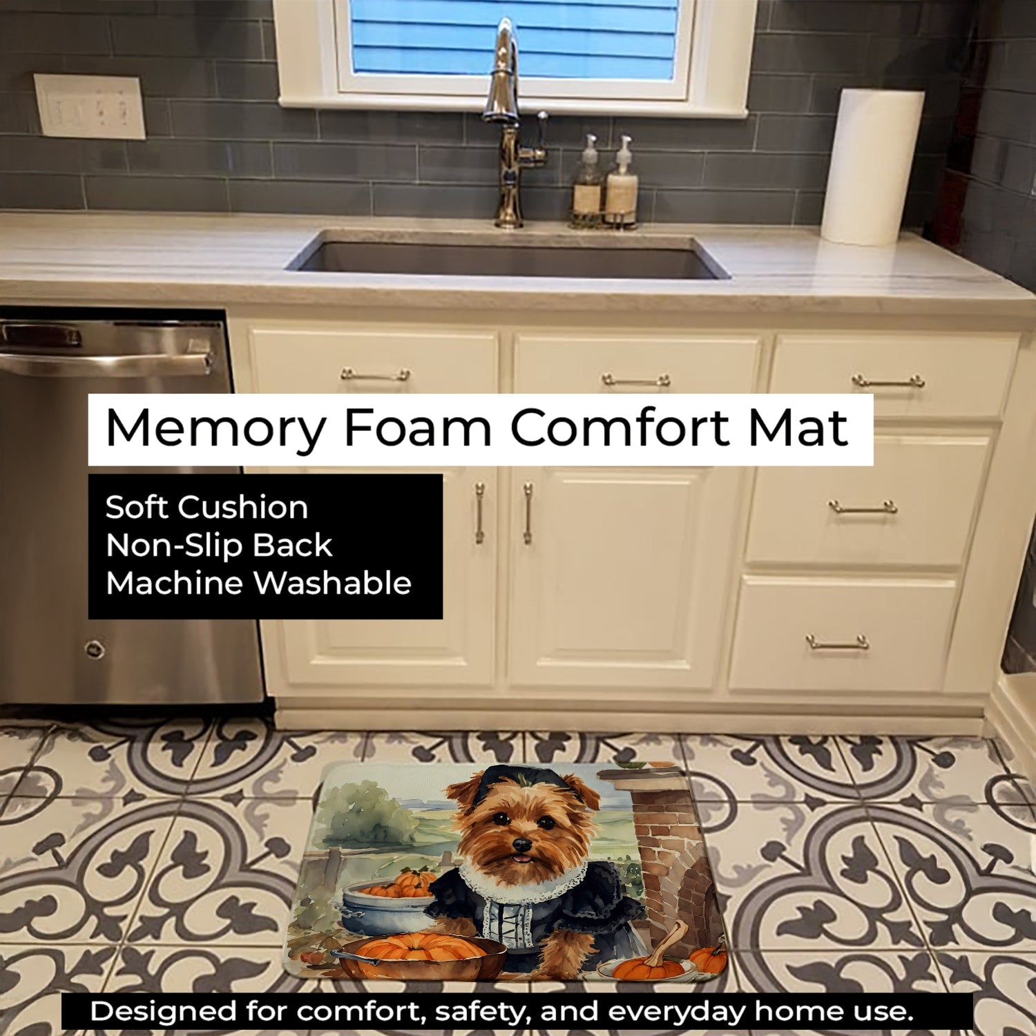 Norfolk Terrier Fall Kitchen Pumpkins Memory Foam Kitchen Mat Machine Washable Anti-Fatigue Cushion Comfort Bath or Kitchen Rug