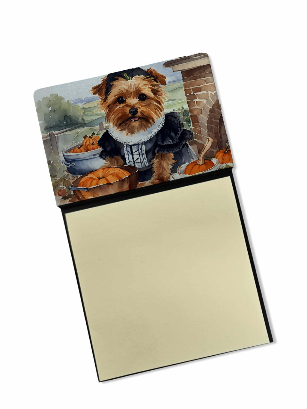 Norfolk Terrier Fall Kitchen Pumpkins Watercolor Sticky Note Holder Refillable Dispenser Desk Accessory 3x3 Pad Gift