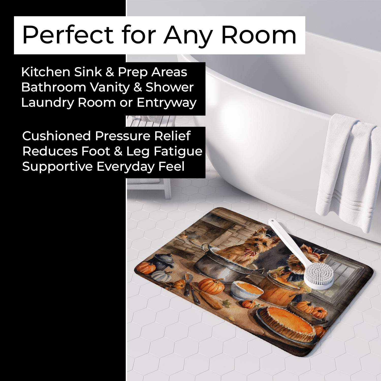 Norwich Terrier Fall Kitchen Pumpkins Memory Foam Kitchen Mat Machine Washable Anti-Fatigue Cushion Comfort Bath or Kitchen Rug