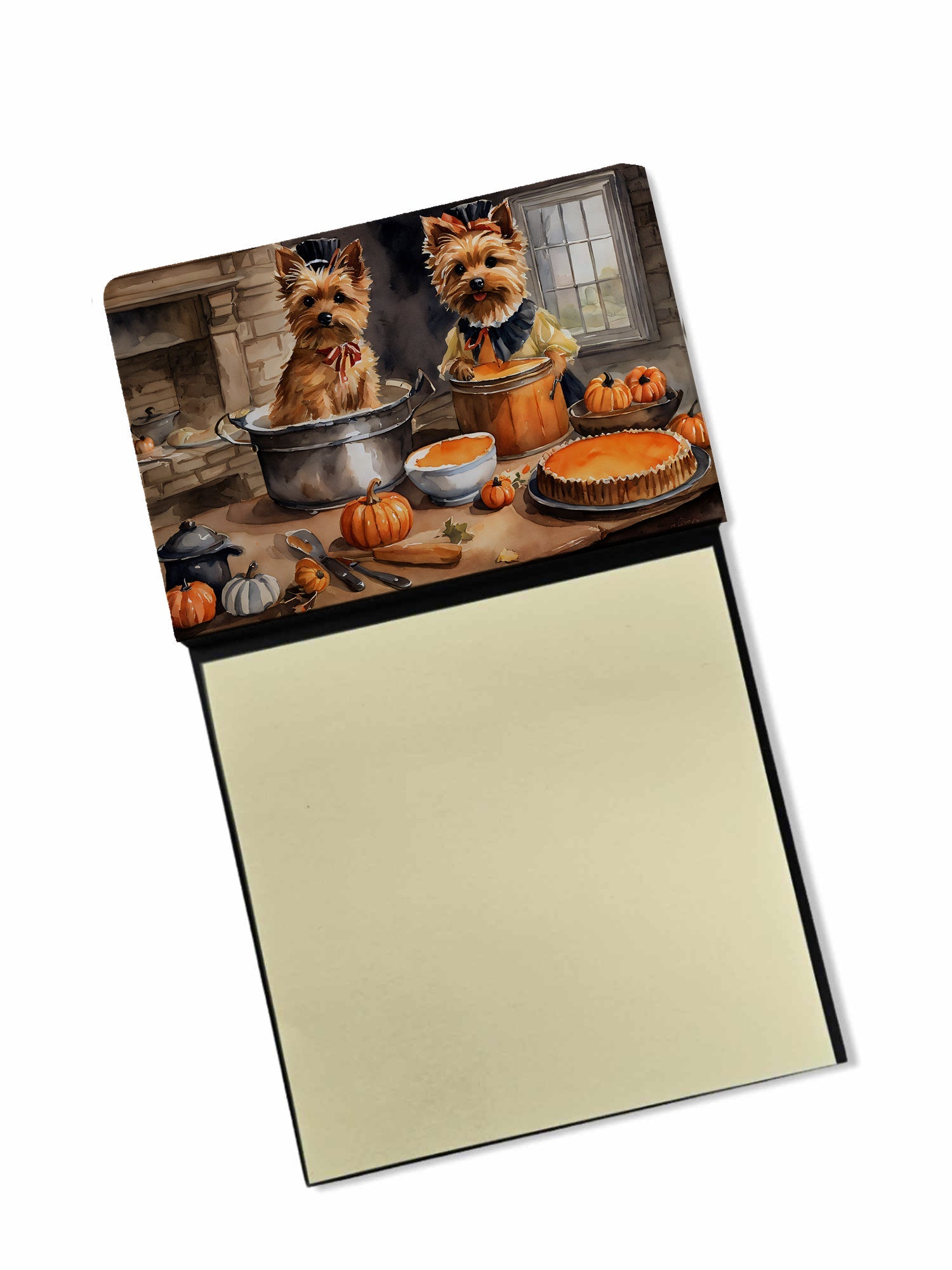 Norwich Terrier Fall Kitchen Pumpkins Watercolor Sticky Note Holder Refillable Dispenser Desk Accessory 3x3 Pad Gift