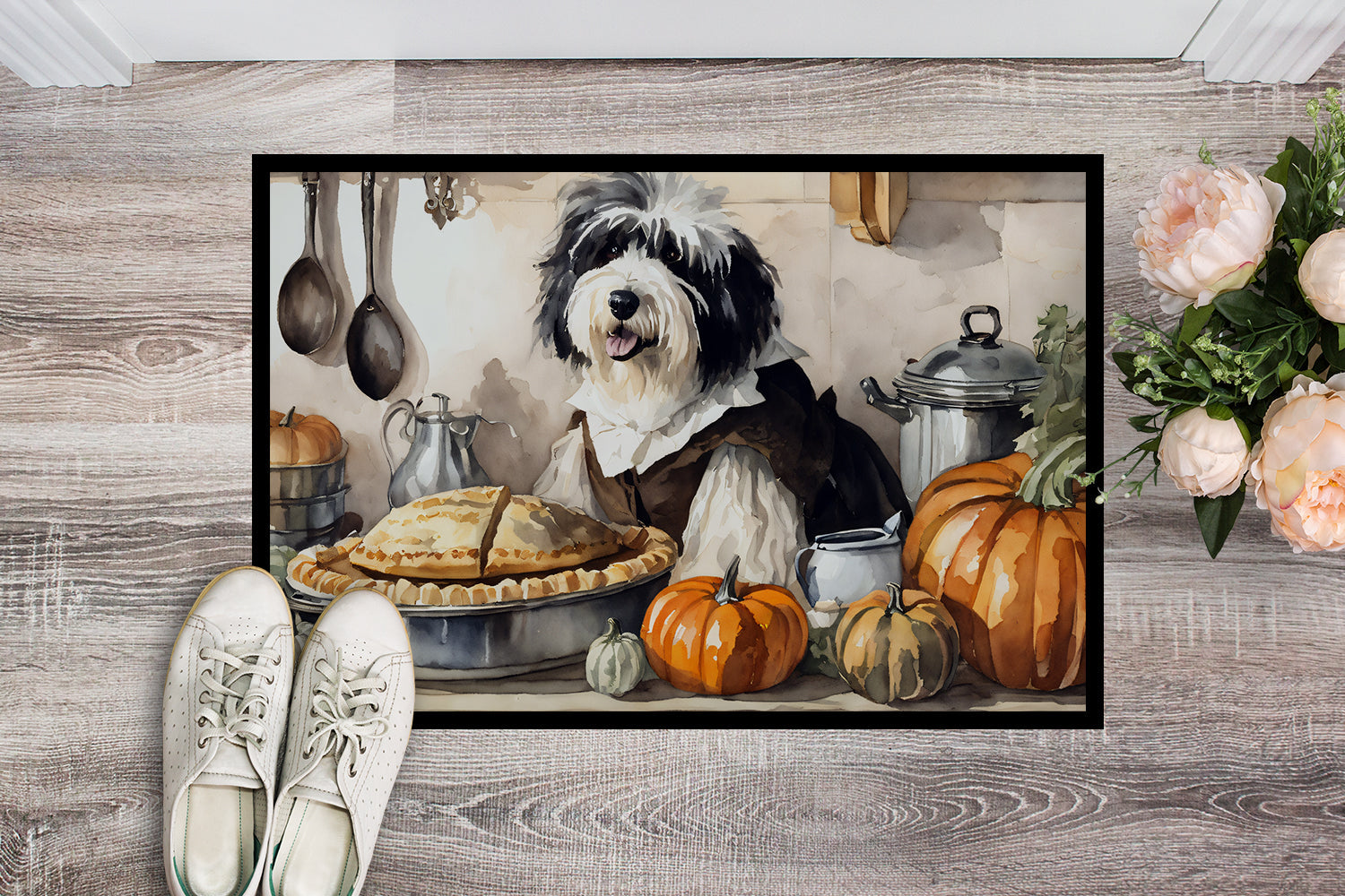 Old English Sheepdog Fall Kitchen Pumpkins Doormat Indoor Outdoor 24H X 36W Front Door Mat Rugs for Entryway, Non Slip Washable Low Pile,