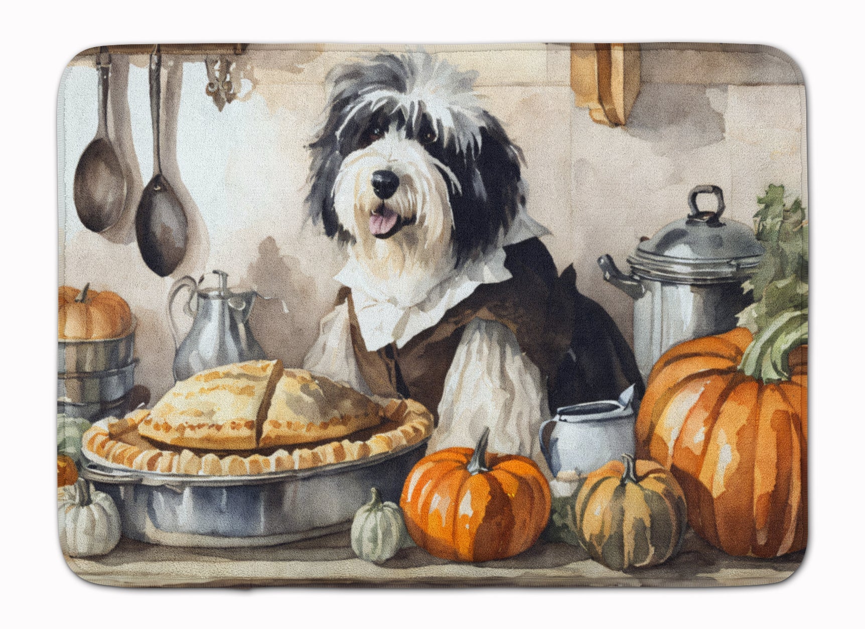 Old English Sheepdog Fall Kitchen Pumpkins Memory Foam Kitchen Mat Machine Washable Anti-Fatigue Cushion Comfort Bath or Kitchen Rug