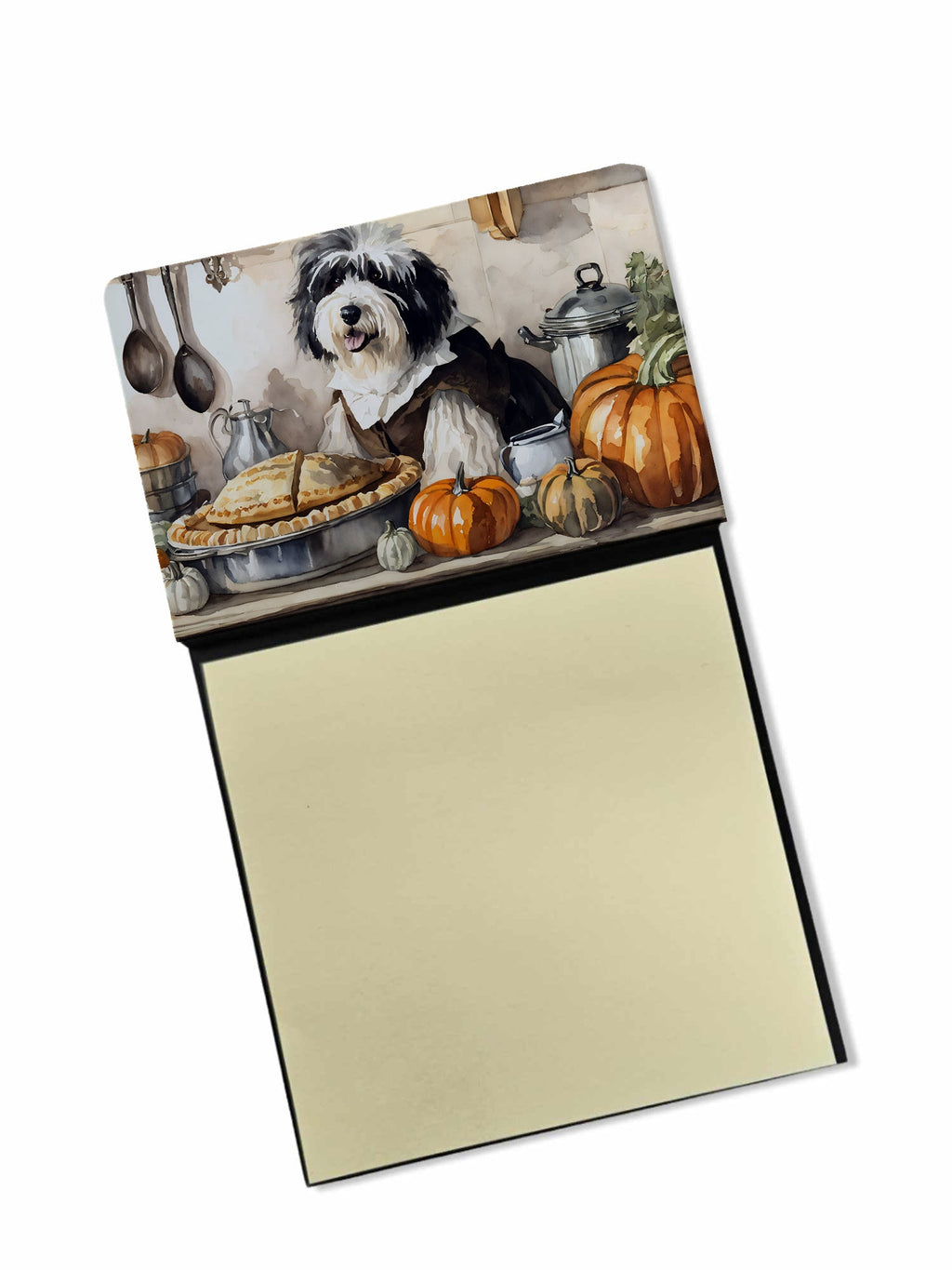 Old English Sheepdog Fall Kitchen Pumpkins Watercolor Sticky Note Holder Refillable Dispenser Desk Accessory 3x3 Pad Gift