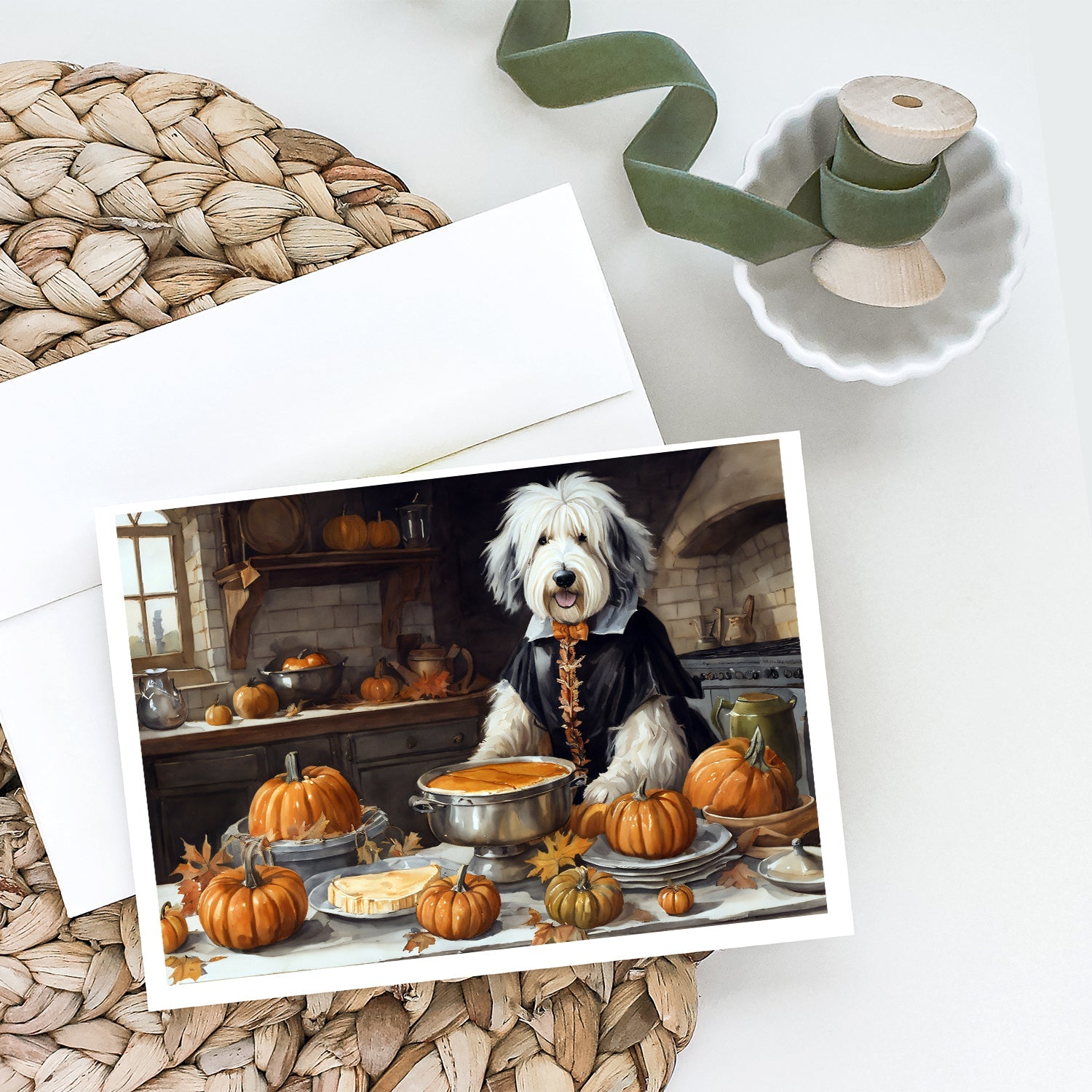 Old English Sheepdog Fall Kitchen Pumpkins Greeting Cards Pack of 8 Blank Cards with Envelopes Whimsical A7 Size 5x7