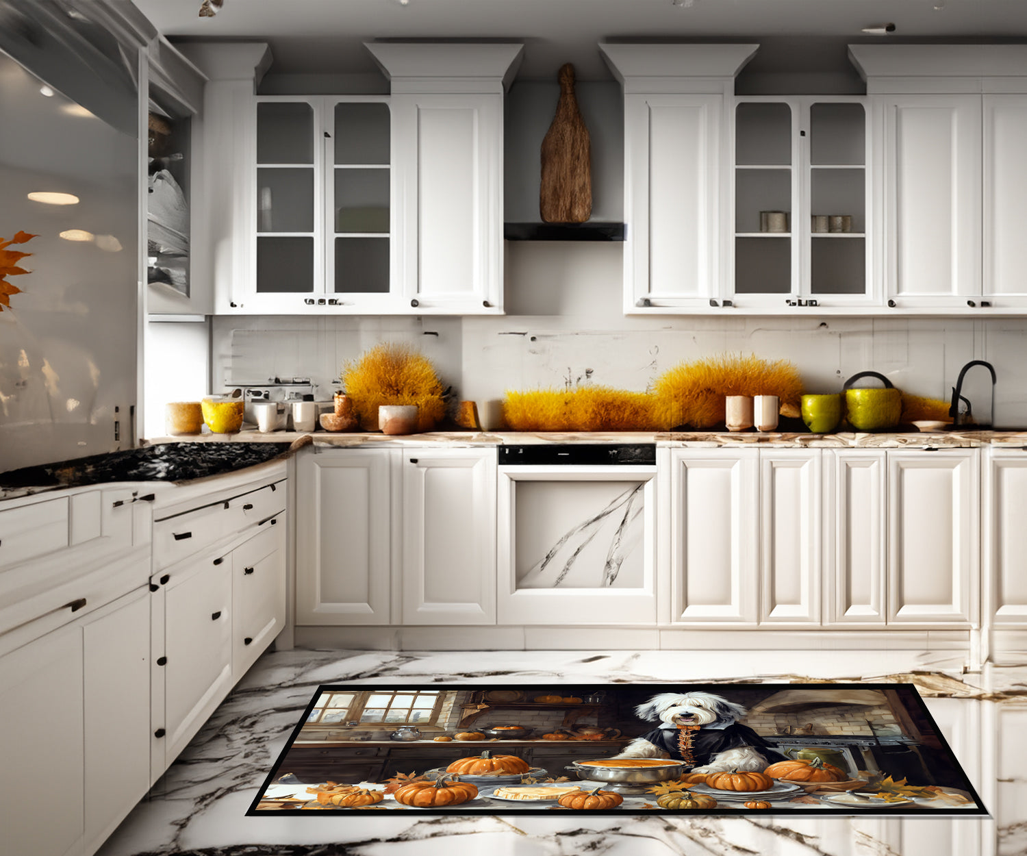 Old English Sheepdog Fall Kitchen Pumpkins Runner Mat 28x58 Front Door Mat Indoor Outdoor Rugs for Entryway Hallway Foyer Non Slip Washable Wide Doormat