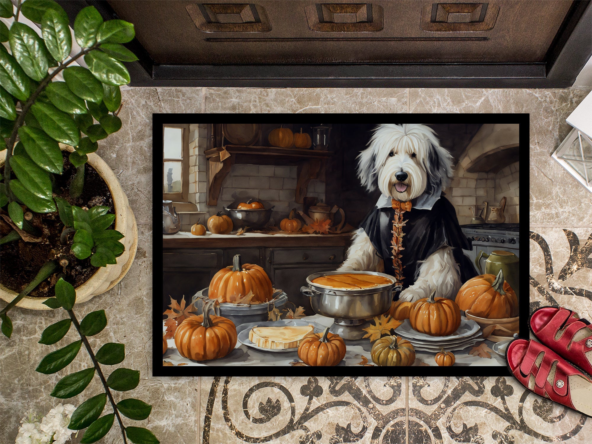 Old English Sheepdog Fall Kitchen Pumpkins Doormat Indoor Outdoor 24H X 36W Front Door Mat Rugs for Entryway, Non Slip Washable Low Pile,