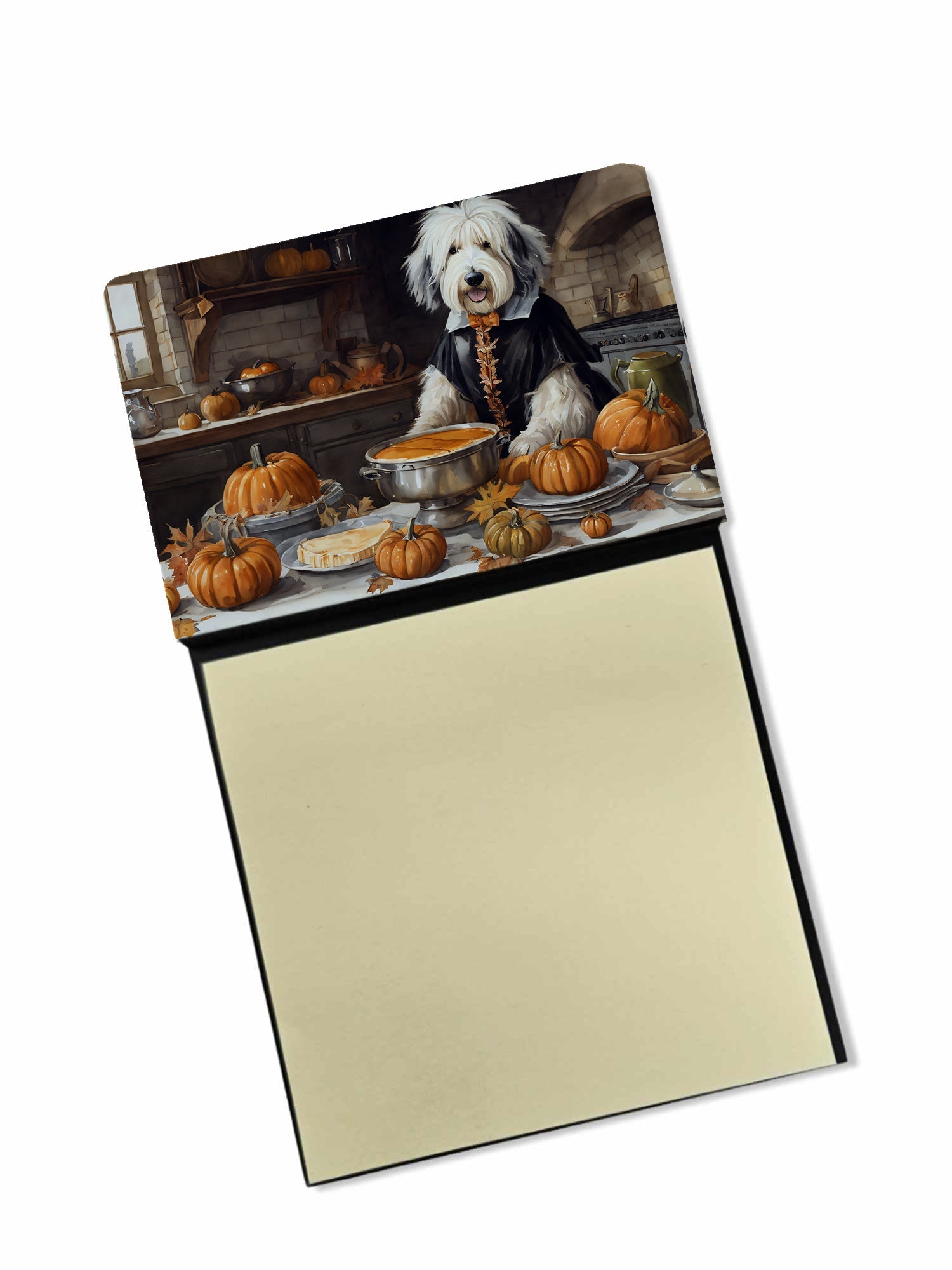 Old English Sheepdog Fall Kitchen Pumpkins Watercolor Sticky Note Holder Refillable Dispenser Desk Accessory 3x3 Pad Gift