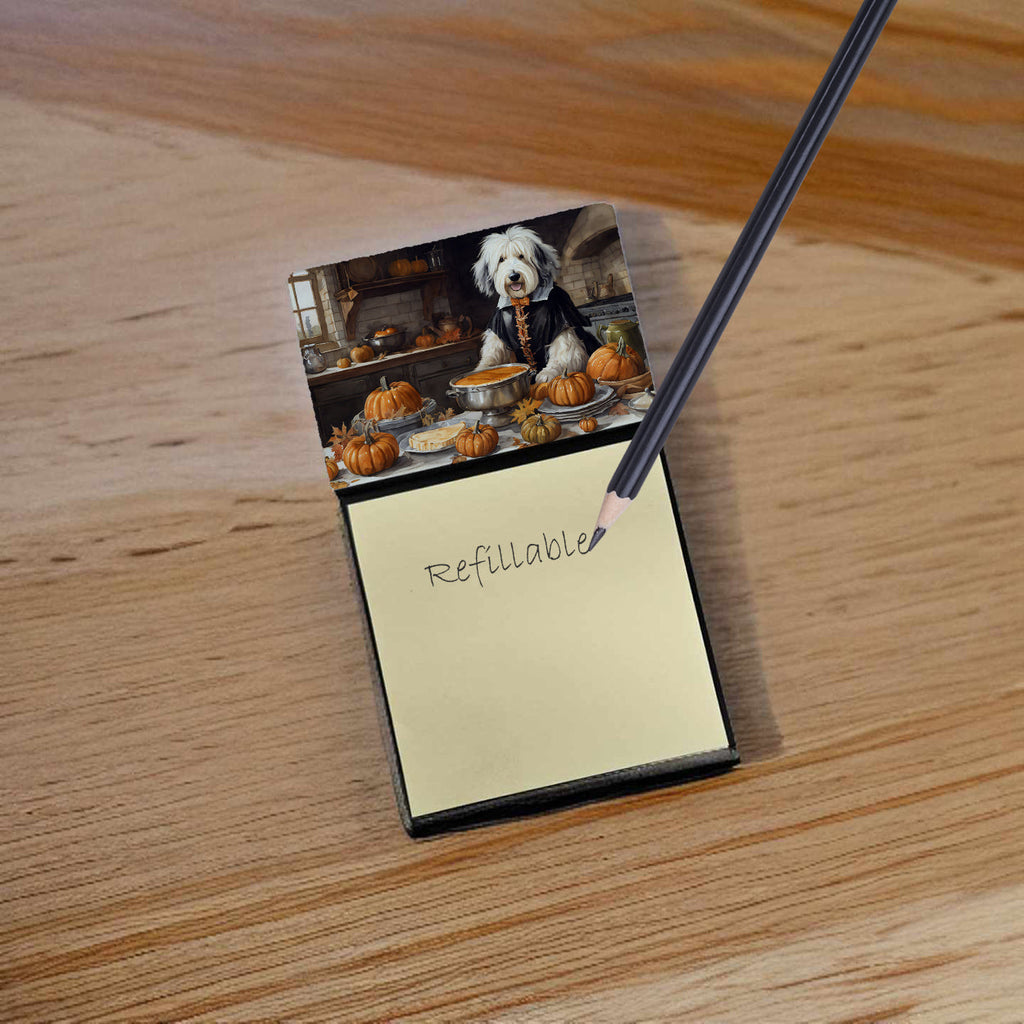Old English Sheepdog Fall Kitchen Pumpkins Watercolor Sticky Note Holder Refillable Dispenser Desk Accessory 3x3 Pad Gift