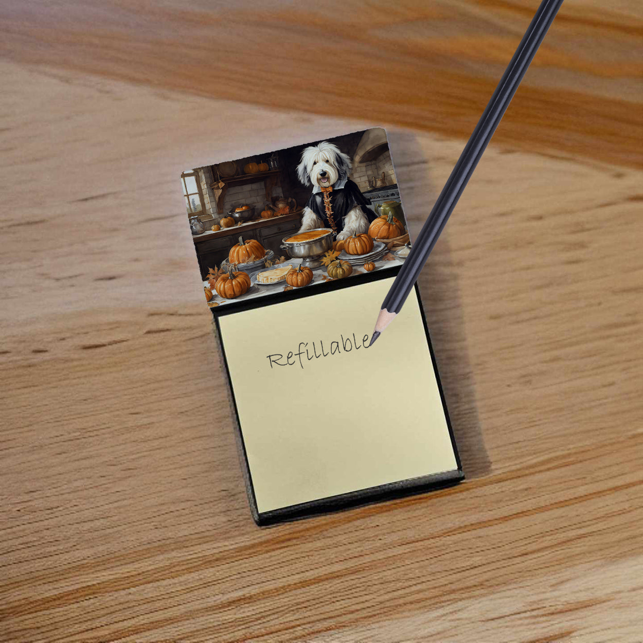 Old English Sheepdog Fall Kitchen Pumpkins Watercolor Sticky Note Holder Refillable Dispenser Desk Accessory 3x3 Pad Gift