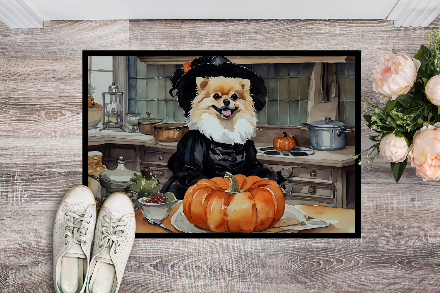 Pomeranian Fall Kitchen Pumpkins Doormat Indoor Outdoor 18H X 27W Front Door Mat Rugs for Entryway, Non Slip Washable