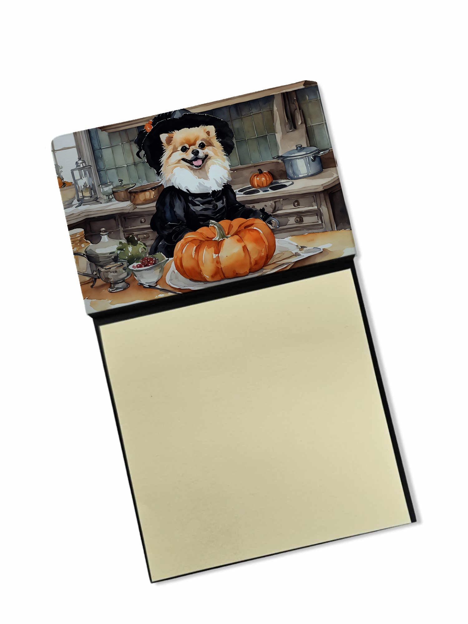 Pomeranian Fall Kitchen Pumpkins Watercolor Sticky Note Holder Refillable Dispenser Desk Accessory 3x3 Pad Gift