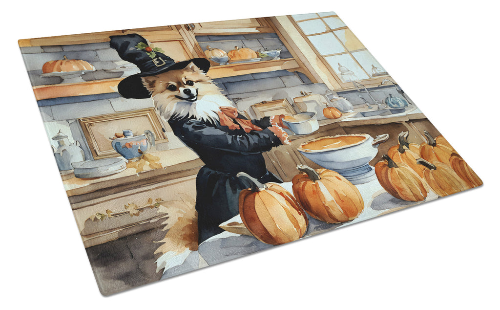 Pomeranian Fall Kitchen Pumpkins Cutting Board Tempered Glass Kitchen Cutting Surface, Heat Resistant Chopping, Non-Slip Feet, Food Prep & Serving