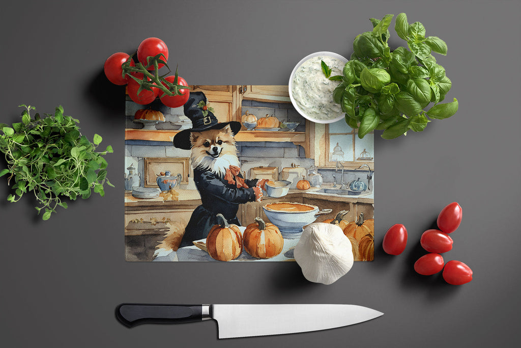 Pomeranian Fall Kitchen Pumpkins Cutting Board Tempered Glass Kitchen Cutting Surface, Heat Resistant Chopping, Non-Slip Feet, Food Prep & Serving