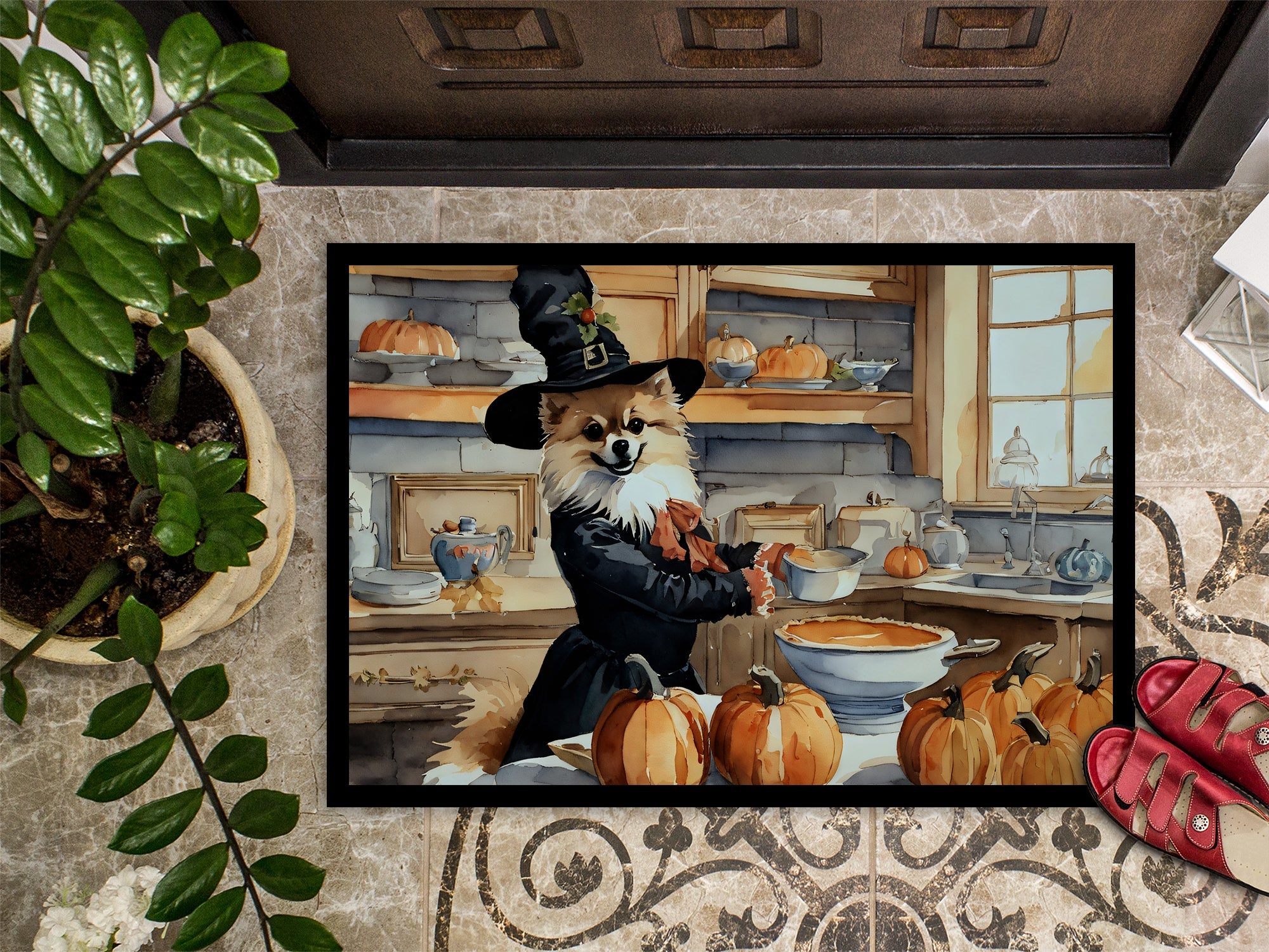 Pomeranian Fall Kitchen Pumpkins Doormat Indoor Outdoor 18H X 27W Front Door Mat Rugs for Entryway, Non Slip Washable