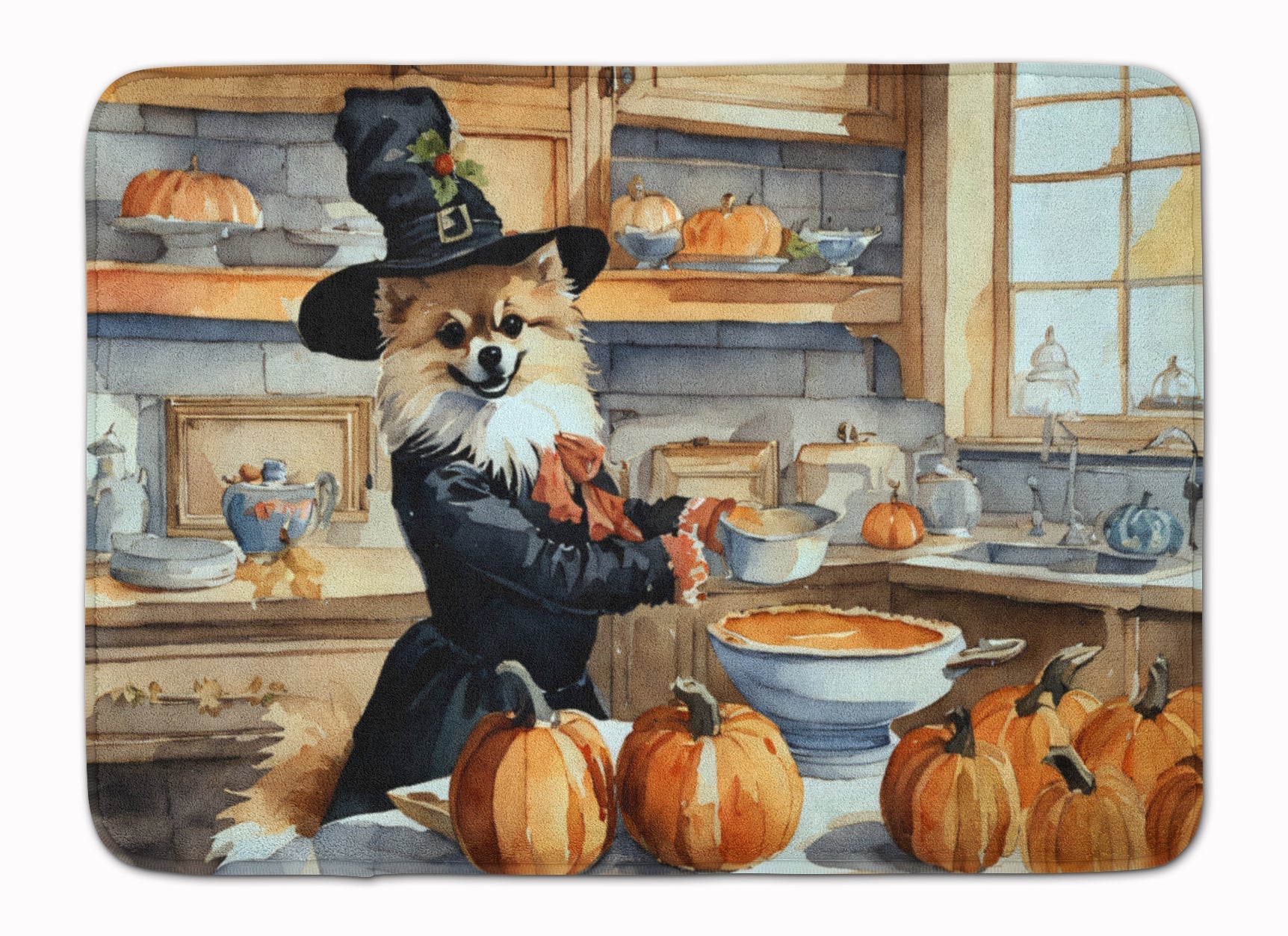 Pomeranian Fall Kitchen Pumpkins Memory Foam Kitchen Mat Machine Washable Anti-Fatigue Cushion Comfort Bath or Kitchen Rug